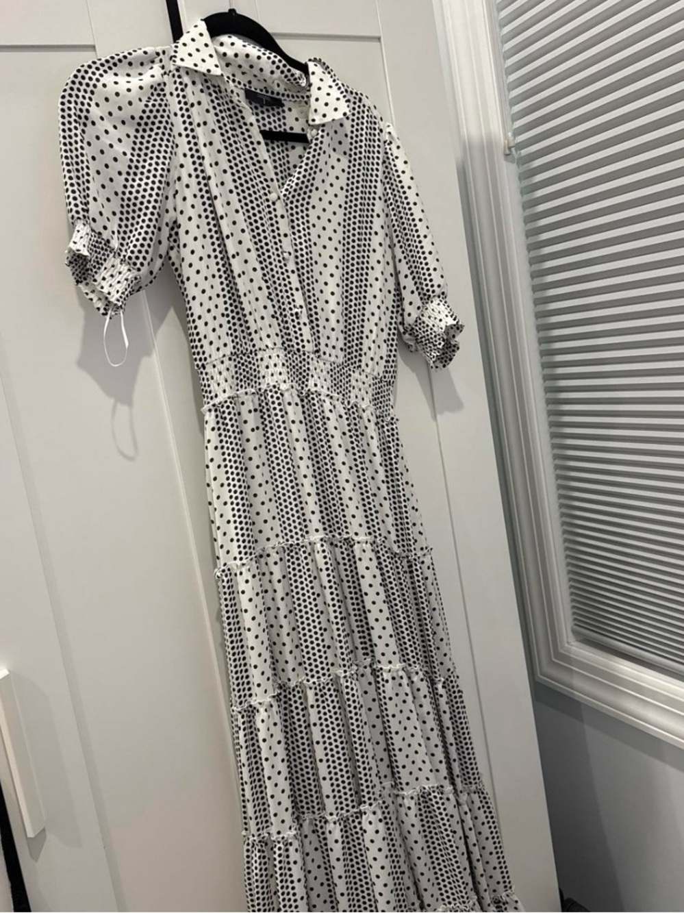Tahari White Maxi Dress with Black Polka Dots